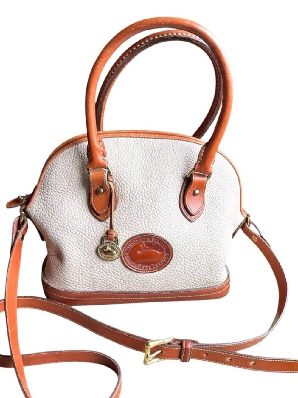 Dooney And Bourke Beige And English Tan Pebbled Leather Crossbody/top Handles